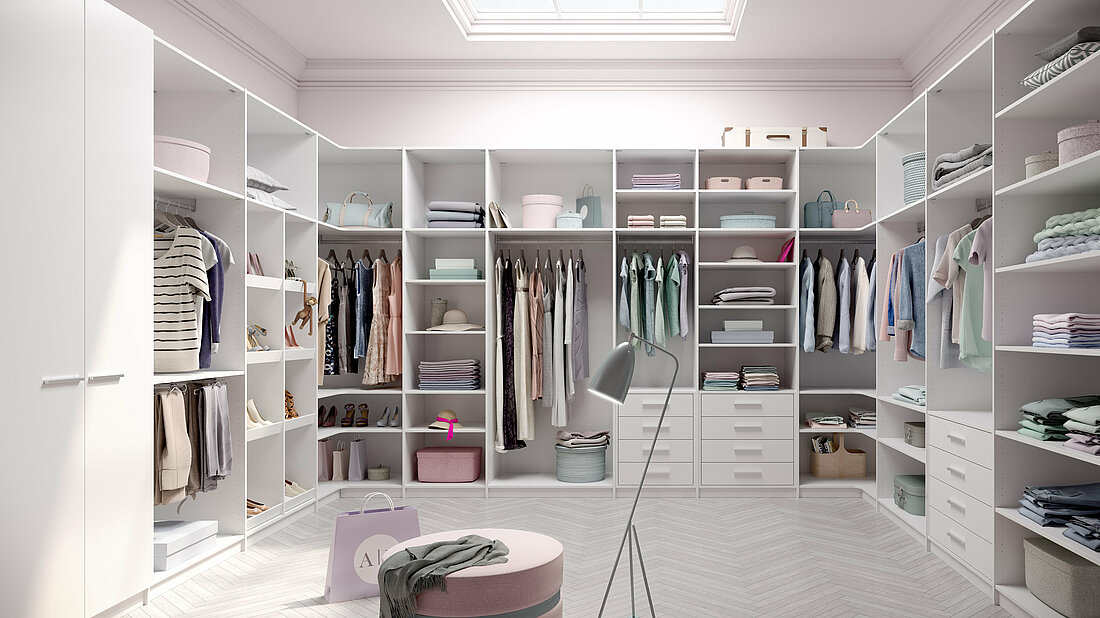 Innensystem, Ecoline, weiß, Hosenauszug, Regal, Stauraum, Ecklösung, begehbarer Kleiderschrank, Ankleide, Interiorsystem Ecoline, white, Pull-out pants hanger, shelf, storage space, stowage space, corner solution, walk-in closet, wardorbe, dressing room, cabinet